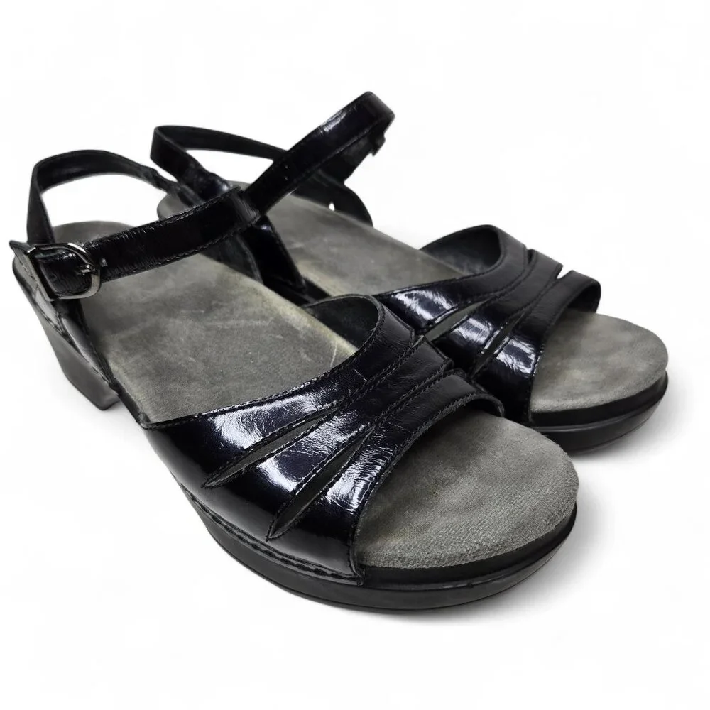 Dansko Sissy Patent Heeled Sandal's Women's Black Cushion Insole Open Toe 8.5/9 - Picture 1 of 9